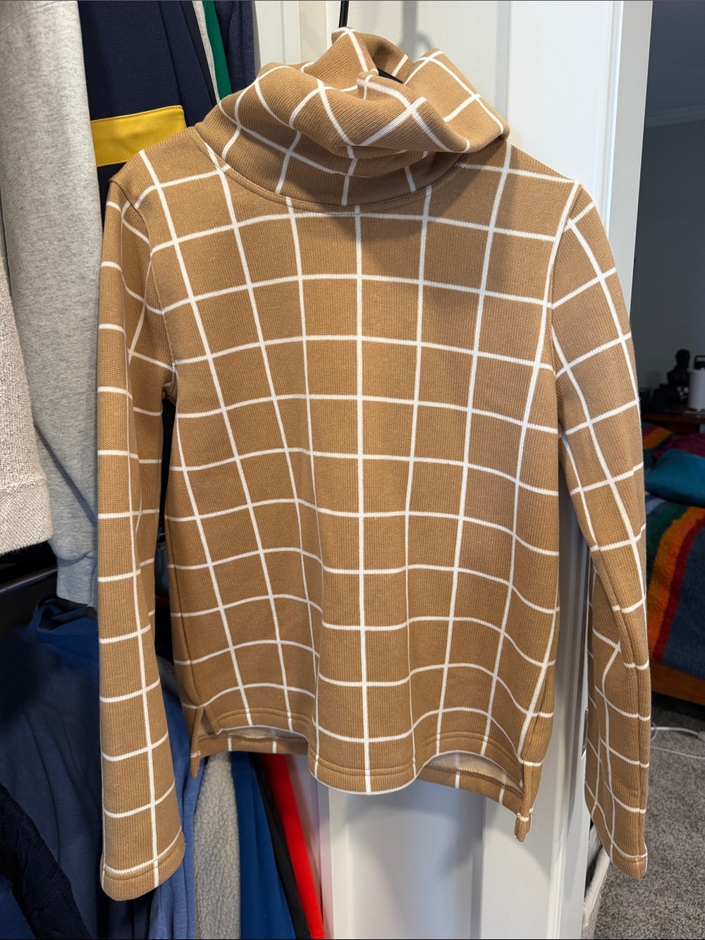 J. Crew Camel and White Windowpane Turtleneck Sweater